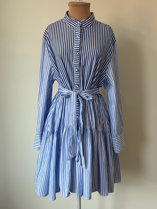 Bohemian Traders Dresses & Skirts - Bohemian Traders Pinstripe Long Sleeve A-Line Waist Tie Blue White Mini Dress M